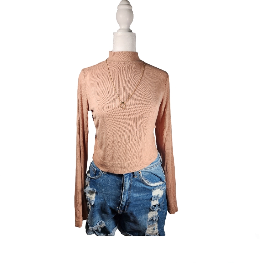 Mock Neck Ribbed Long Sleeve Crop / Cropped And Boxy Top - Warm Taupe / Pink